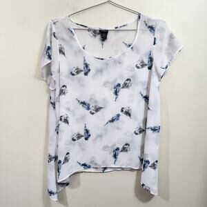 Torrid sheer short sleeve bird print shark bite hemline blouse woman's size 1X